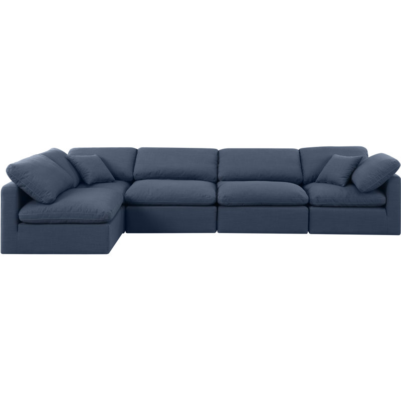Canapé modulaire en coin 5 pièces Hinami, Tissu texturé en lin bleu marine