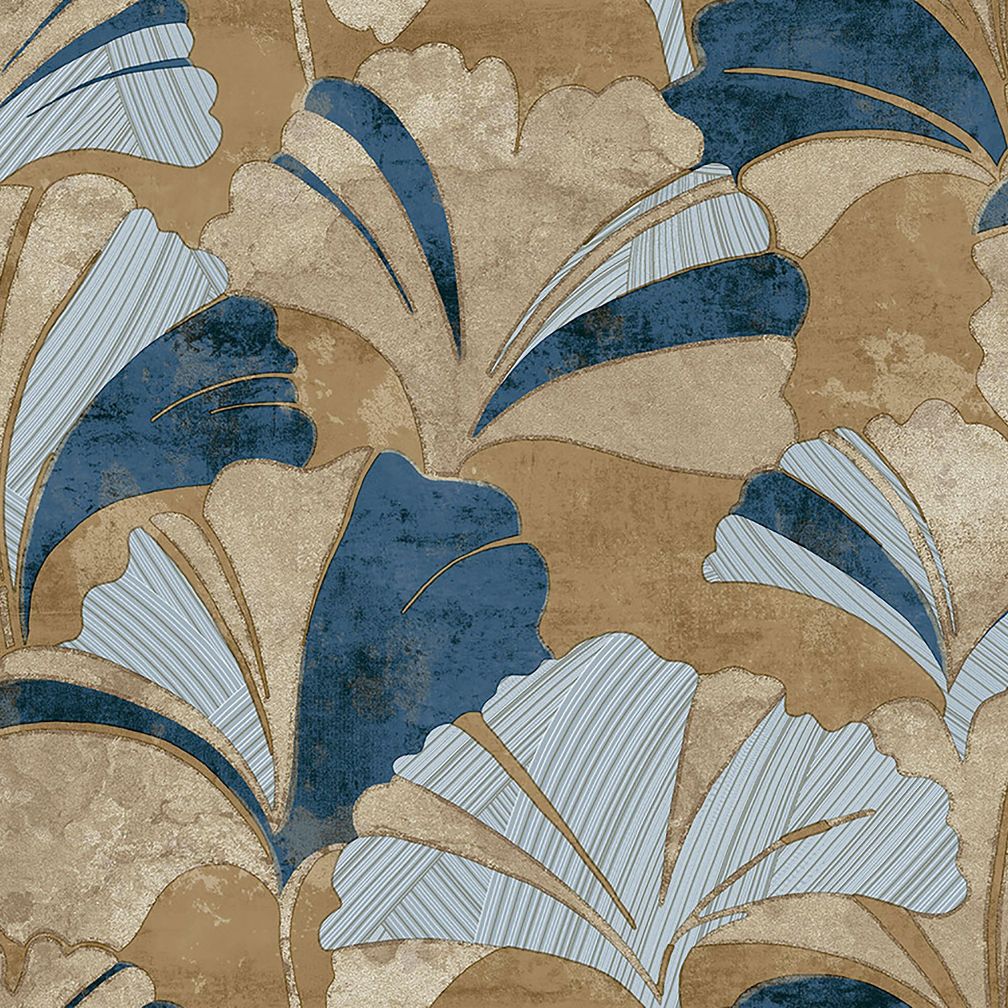Blue Art Deco Palm Leaf Repeat Pattern Wallpaper