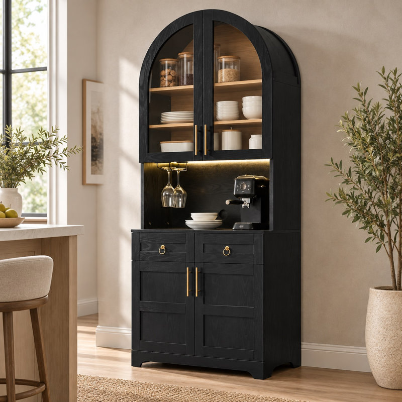 Meuble-bar à café moderne en arc de cercle avec éclairage d'ambiance DEL intelligent et station de recharge, vitrine de style vintage français pour salle à manger et salon