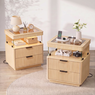 21.7" W Fluted 2-Drawer Nightstand with Charging Station, LED Light, 3-Sided Tempered Glass Panels, Open Shelf & Oak Finish, Side Table for Bedroom