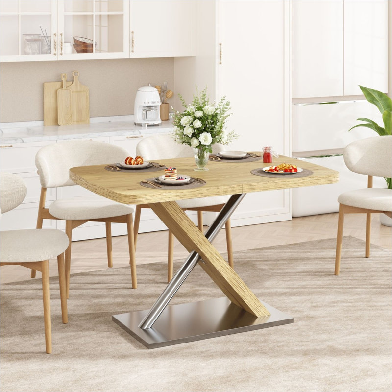 Table de salle à manger extensible à finition en bois avec base en acier, sièges 4-6, conception rétractable pour les rassemblements
