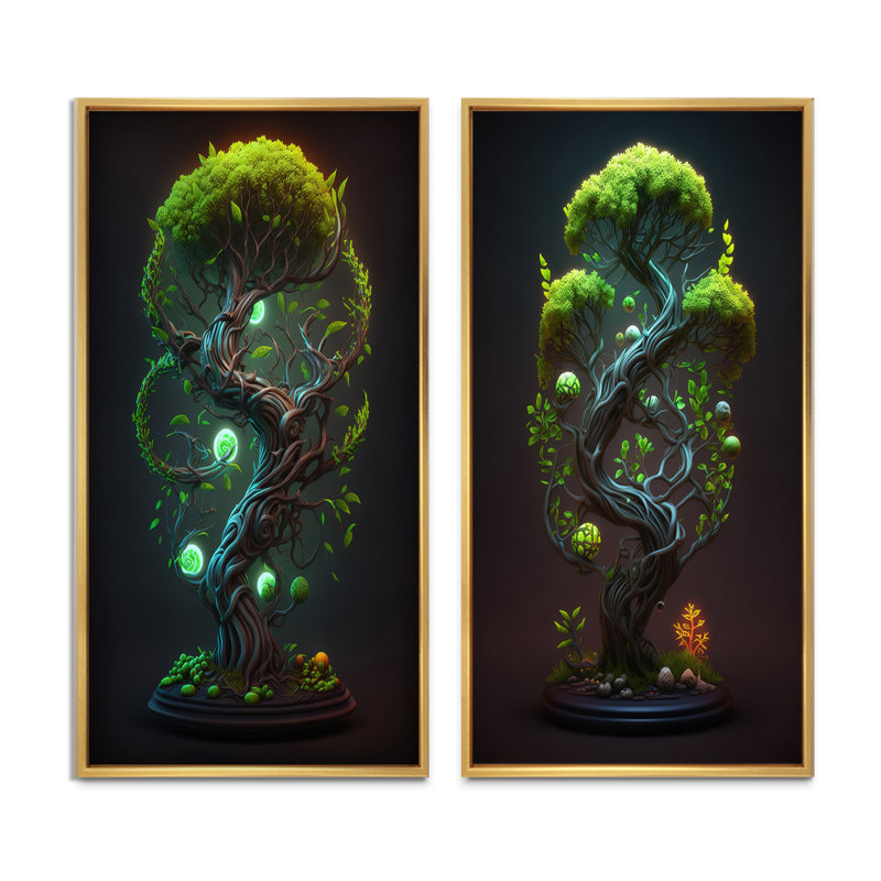 «Neon Bonsai Swirl Tree V», 2 pièces, H 32 po x l 32 po, Encadrement brun