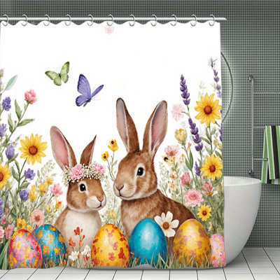 Rideaux de douche deux lapins avec œufs de Pâques pour salle de bain, 71 po x 71 po