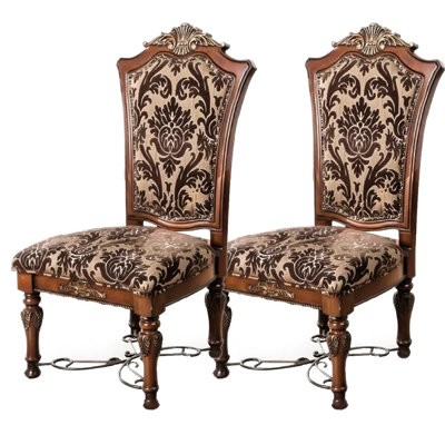 2Pcs Dining Chairs, Brown Cherry Solid Wood, Floral Design Fabric Seats, Intricate Carvings, Turkish Style Luxurious Print Details,