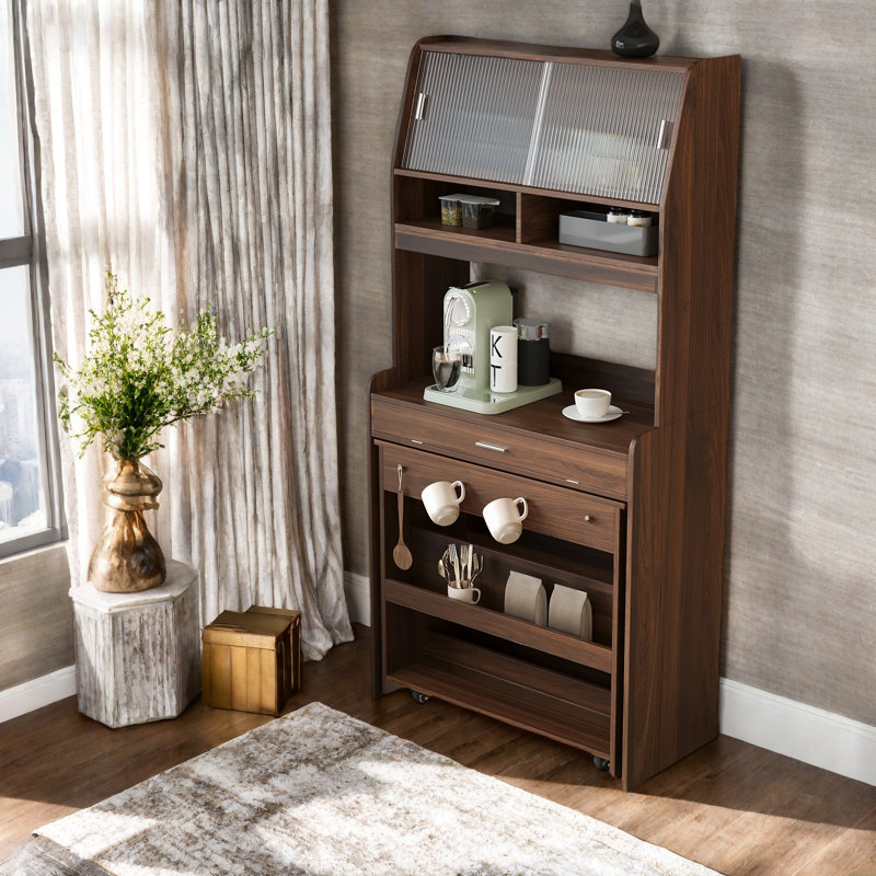 Buffet avec huche et table de salle à manger pliable, tablettes de rangement, crochets latéraux et armoire avec portes coulissantes