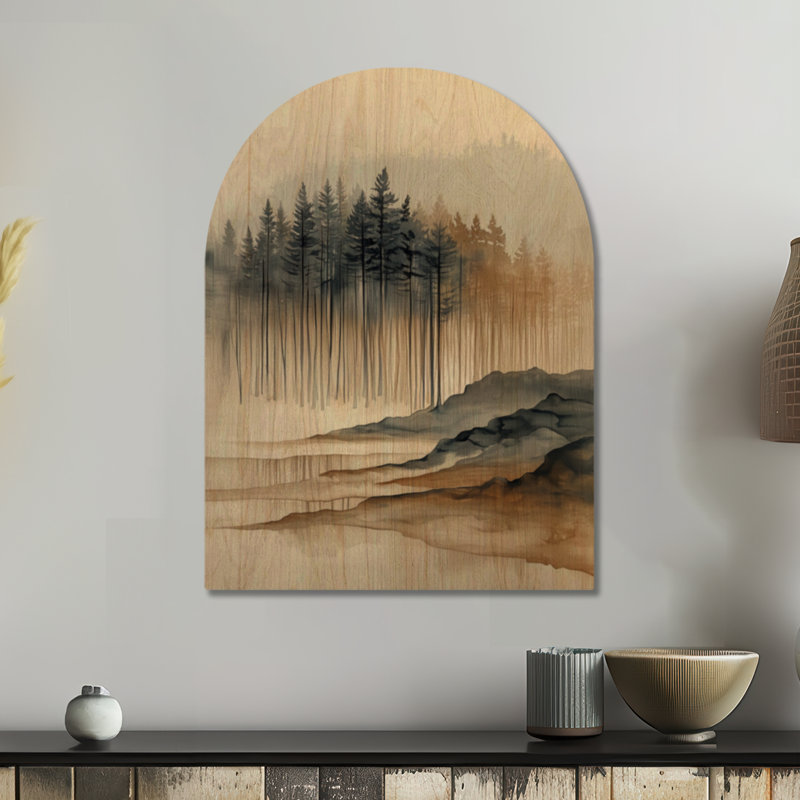 Forêt brumeuse de conifères I - Décoration murale en bois arqué avec des pins, H 24 po x l 18 po, Arche