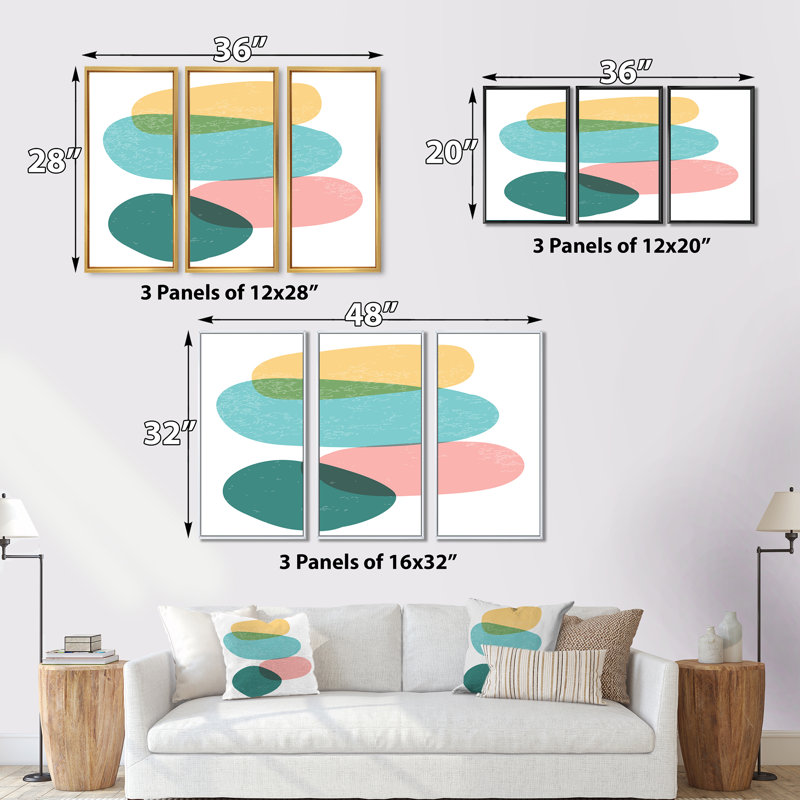 «Minimal Elementary and Geometric Compostions», ensemble de 3 reproductions sur toile flottantes, H 28 po x l 36 po x P 1 po