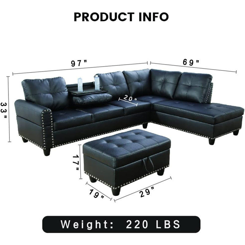3-piece Synthetic Leather Sectional Sofa, Black Faux Leather