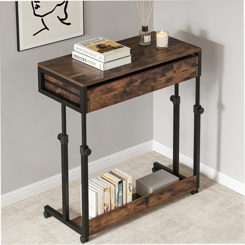 Table de bureau, bureau compact avec roues, bureau d'écriture à hauteur réglable, table basse mobile