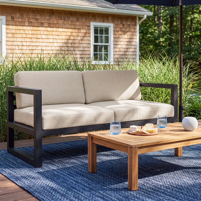 Smith 57.5'' Wide Straight Powder Coated Aluminum Loveseat with Sunbrella® Cushions, Canvas Charcoal Sunbrella® Canvas, Black