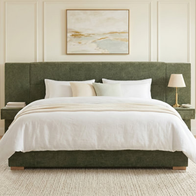 Linen Upholstered Platform Bed with Attached Nightstands, Storage Drawers and Wood Slat Support