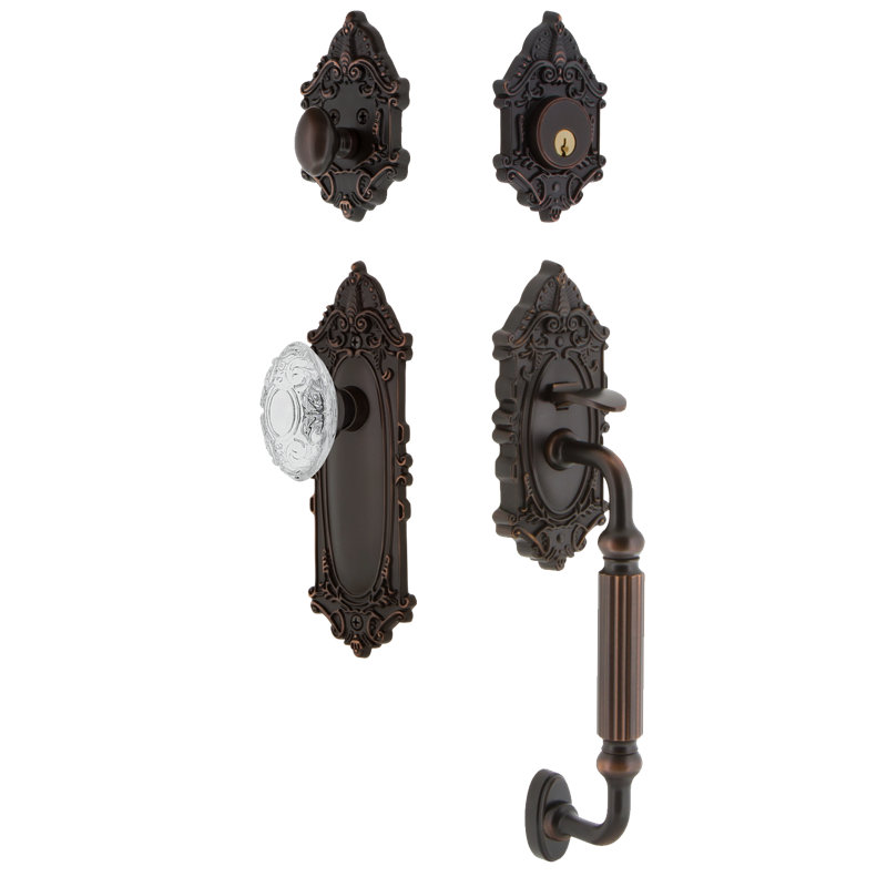 Nostalgic Warehouse Victorian Plate F Grip Handleset with Single Cylinder Deadbolt and Crystal Victorian Knob, 2 3/4"