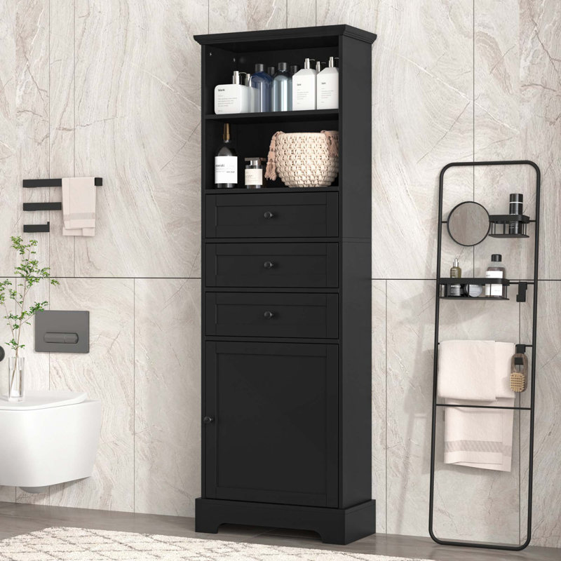 Modern MDF Board Tall Storage Cabinet With 3 Drawers And Adjustable Shelves For Bathroom, Study, Office, Black