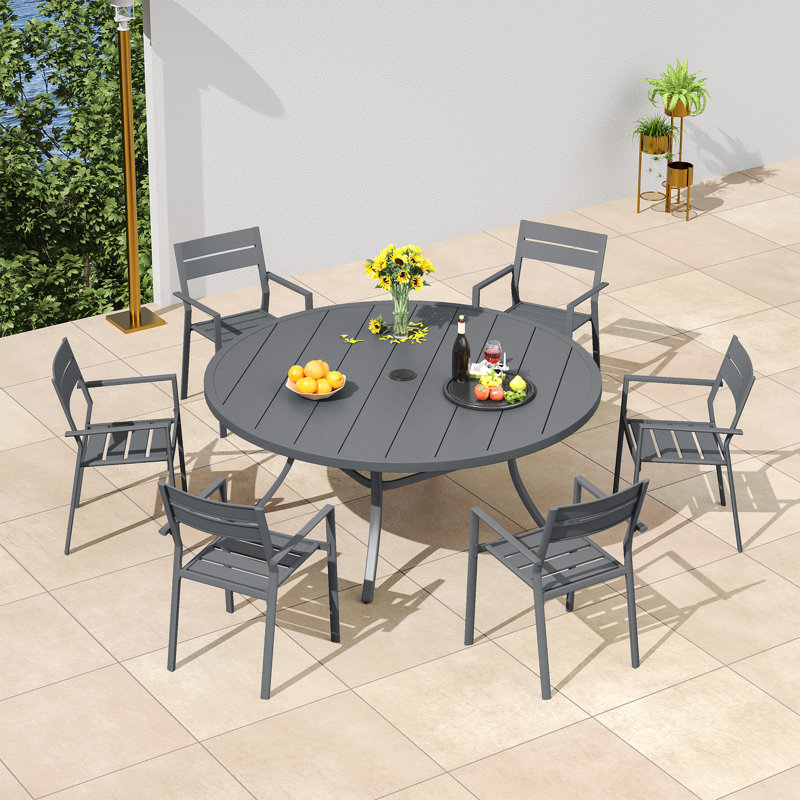 6-Person Patio Dining Set with 53" Metal Round Dining Table and 6 Stackable Armrest Chairs, Gray