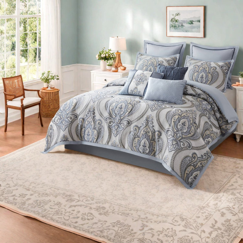 Piece Blue Jacquard Bedding Sets, Full Queen Comforter Set, Modern Bedroom