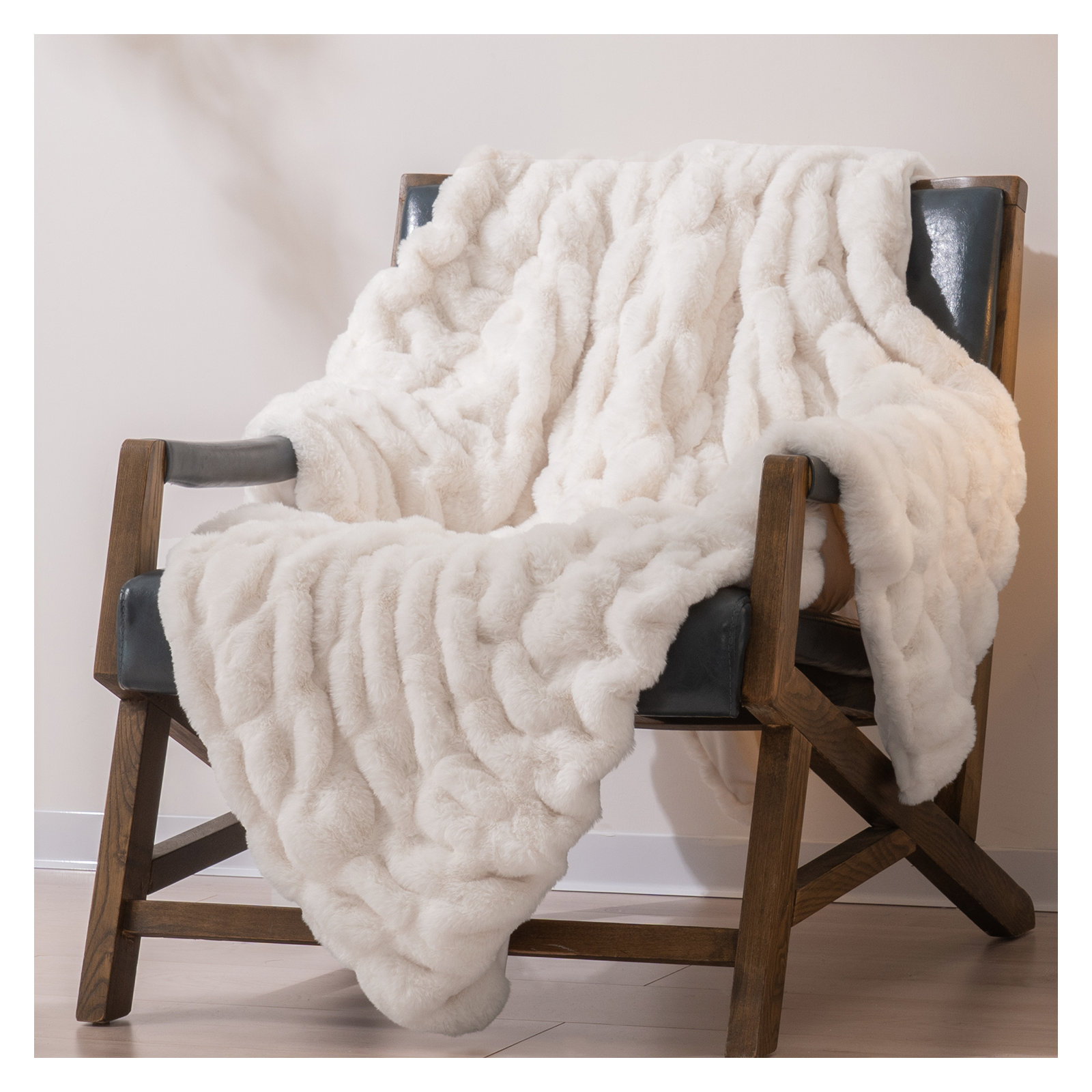 Ruched Bubble Faux Fur Throw Blanket, 60" W x 80" L, Ivory White