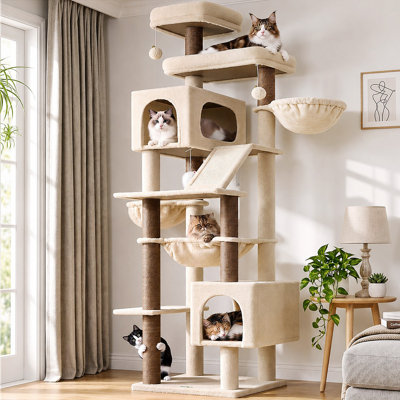 Arbre à chat 81 po pour grands chats, tour multi-chat avec poteaux à griffer, 2 condos et hamac, mobilier pour chat robuste pour 4 chats et plus, beige F81C