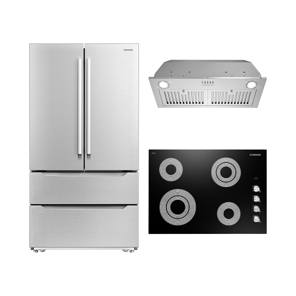 Cosmo 3 Piece Kitchen Appliance Package with French Door Refrigerator , Electric Cooktop , and