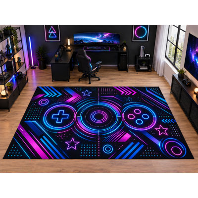 ICE ARMOR "Ultra Thin" Large 6'7" x 9'10" Neon Retro Arcade Button Area Rug for Kids Room Playroom Family Room, Soft Low Pile Indoor Rug, Non-Slip Silicone Backing