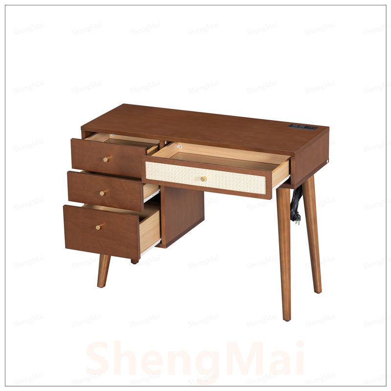 Ensemble de coiffeuse en bois de style rétro bohémien avec prise de charge, port USB, tabouret et 4 tiroirs de rangement pour une élégance organisée