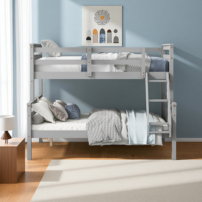 Twin Over Full Bunk Bed With Ladder, Safety Guardrail, Perfect For Bedroom, Gray