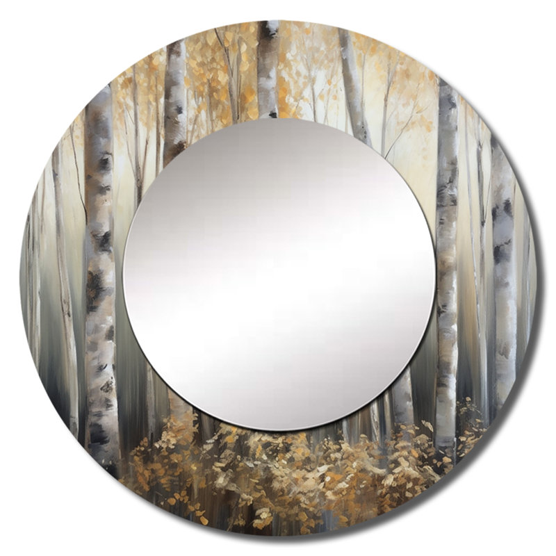 Persefonia Birch Tree Forest Wonderland III - miroir mural unique en forme d'arbre, miroir rond gris, impression d'art en métal