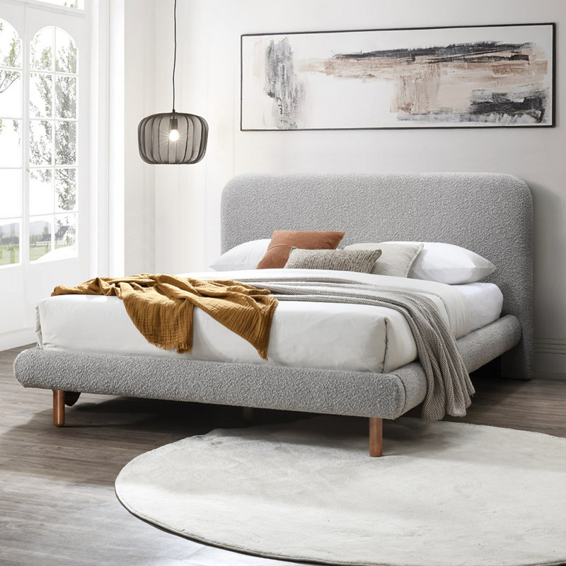 Grey Boucle Queen Size Platform Bed