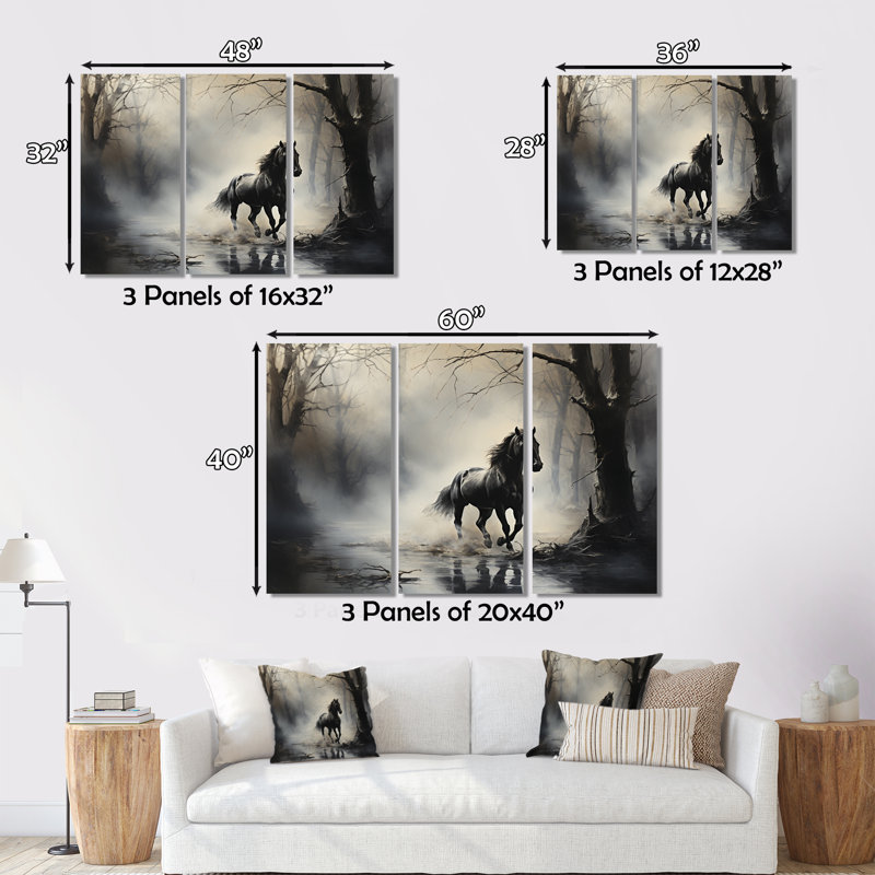«Grey Horse Misty Morning Canter I» sur toile, reproduction de 3 pièces, H 28 po x l 36 po x P 1 po, Toile tendue