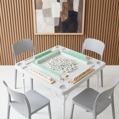 35" Folding Mahjong Table, Square Portable Card Game Table - Removable Green Mat, Heavy-Duty Collapsible Design - 4 Cup Holders & Chip Trays, Without Tablecloth