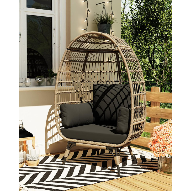 Fauteuil de patio surdimensionné en rotin, fauteuil en osier avec coussins et structure en acier, Noir