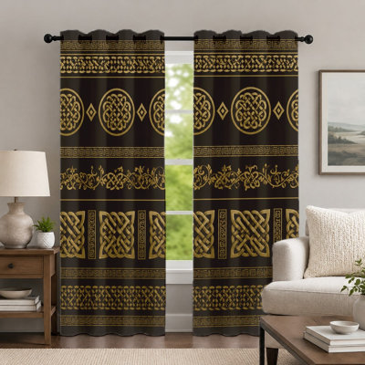 2Pcs Black and Gold Celtic Knot Curtains, Vintage Tribal Pattern Curtain, Decorative Geometric Print Art Grommet Drapes, Window Treatment for Bedroom Living Room Home Decor