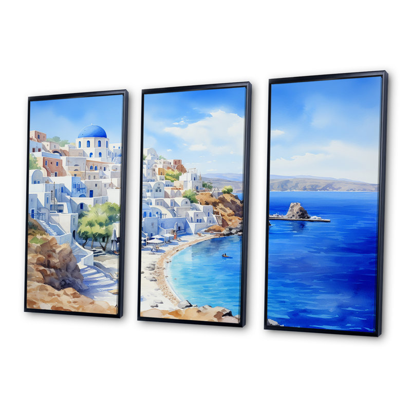 Santorini, Grèce, sérénité - Grèce, art mural, H 28 po x l 36 po x P 1 po, Cadre flottant noir