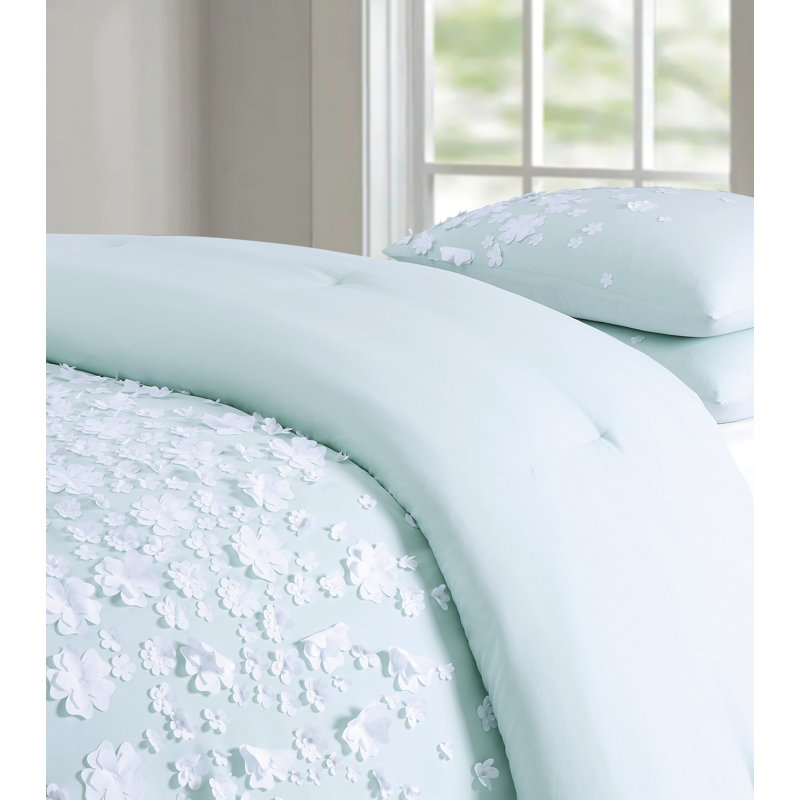 Mint Microfiber Full/Queen Duvet Set with Floral Applique