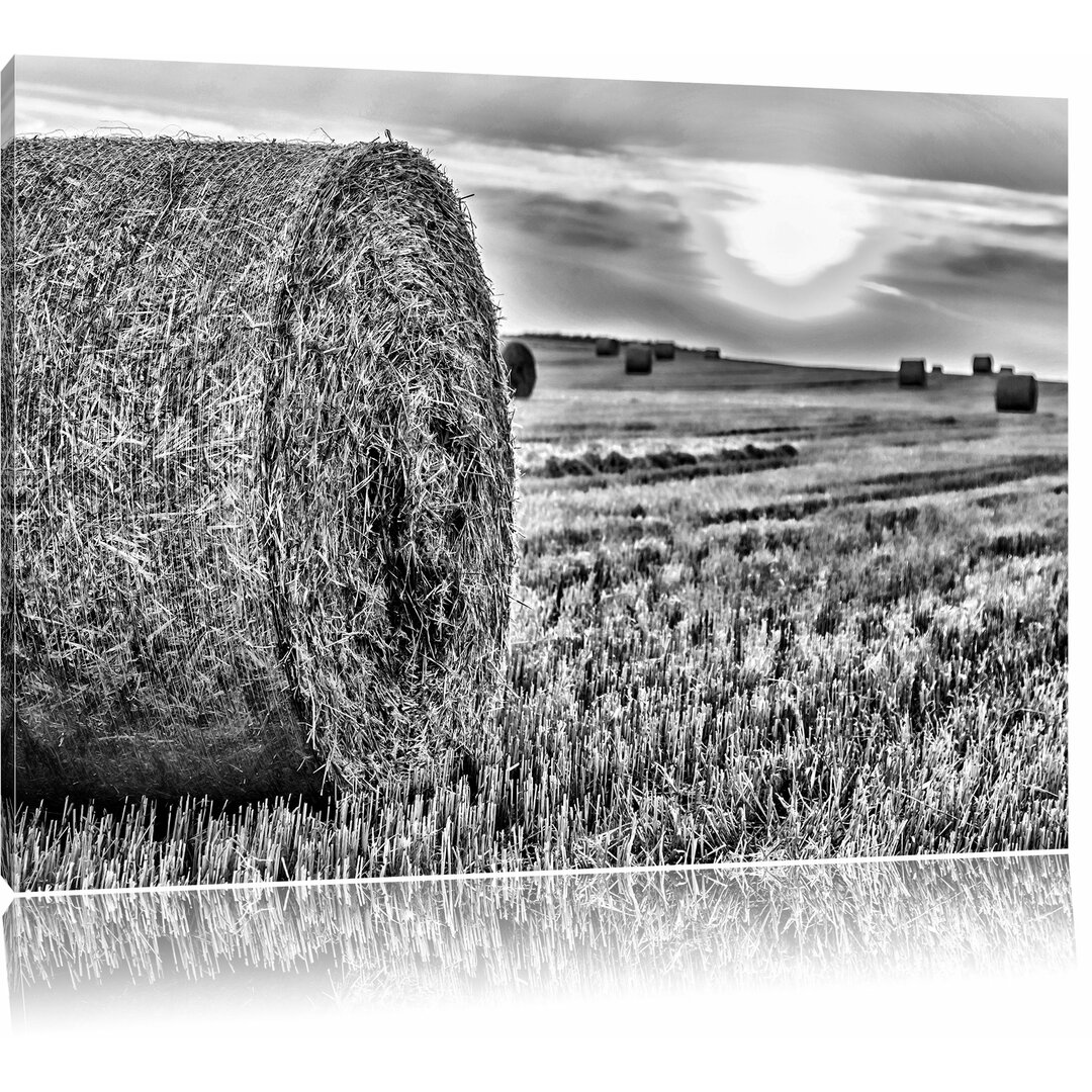 Leinwandbild Strohballen auf Feld in Monochrom