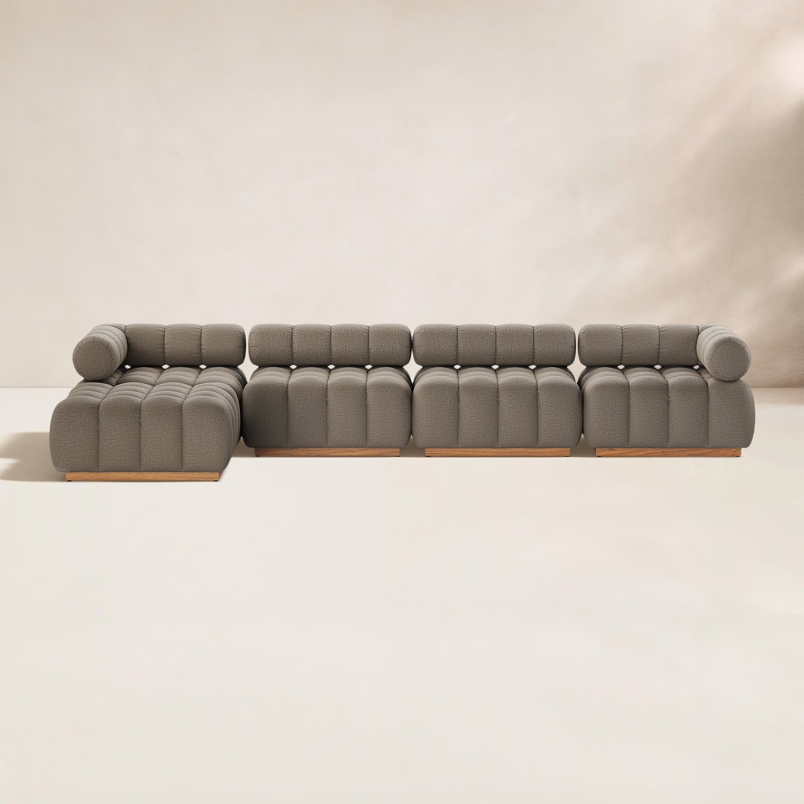 Martinique 146" Teak Patio Sectional, Alessi Fawn Cushion/Natural Teak Frame