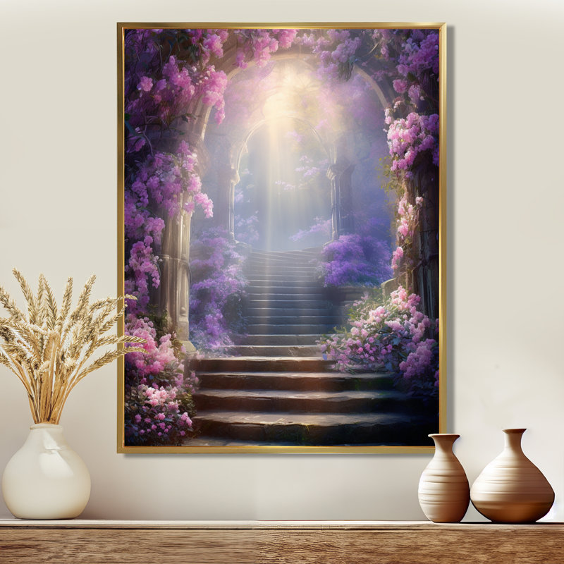 "Stairs To Purple Flower" - impression d'art mural fleurs, H 40 po x l 30 po, Cadre flottant doré, bois massif