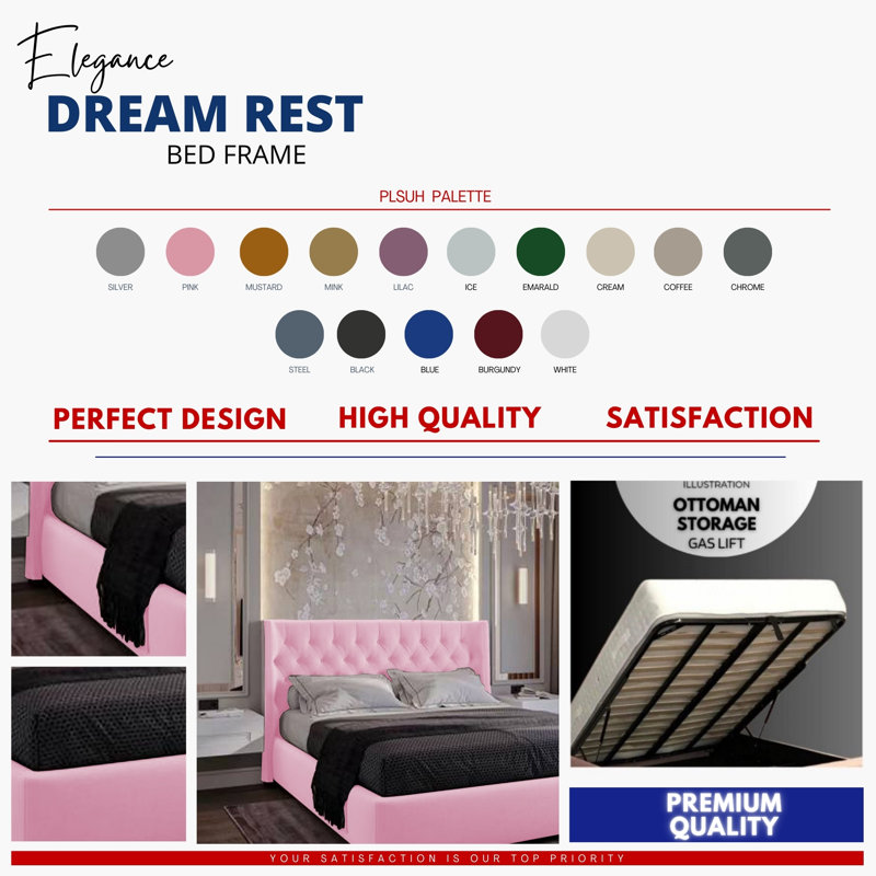Rebeca Wingback Ottoman Storage Bed - Plush Velvet Gas Lift Bed Frame with Headboard, Pink, Double (4'6)