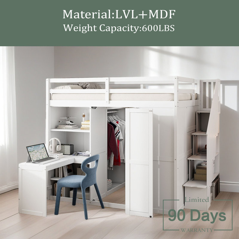 Lit superposé double avec garde-robe, bureau et tablettes, Blanc