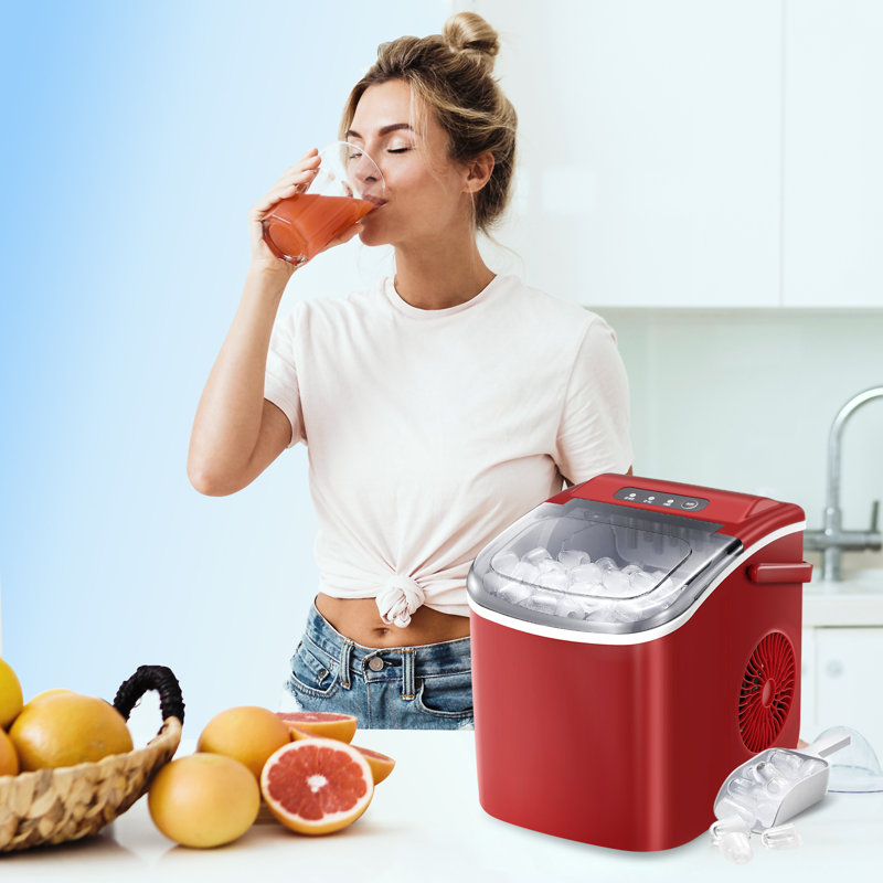 Red Portable Countertop Ice Maker with Handle and Self-Cleaning Function
