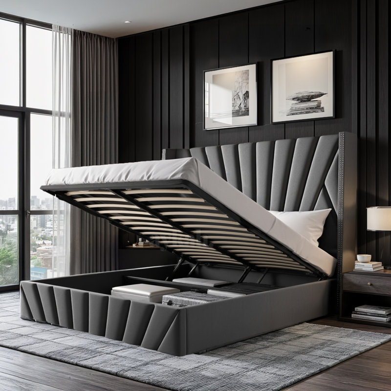 Lit avec rangement en velours Faiz, Gris, Grand
