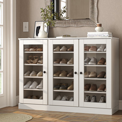 Armoire de rangement à chaussures 100% en bois massif avec porte en verre, tablettes réglables, rangement modulaire pour vestibule, l 48,5 po x H 35,75 po