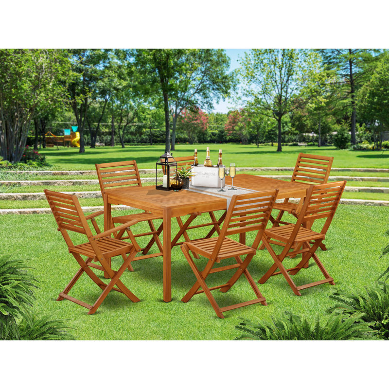 7 Piece Patio Bistro Dining Set Consist of a Rectangle Outdoor Acacia Wood Table and 2 Folding Arm Chairs with 4 Side Chairs, Natural Oil