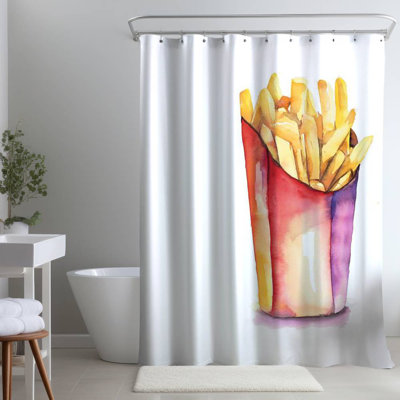 Watercolor French Fries Yellow Kitchen Food – Polyester Shower Curtain, Dye Sublimation Print, 71" W × 74" L