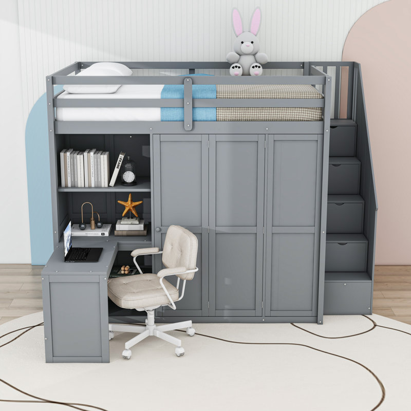 Lit mezzanine avec garde-robe, bureau et tablettes, Gris