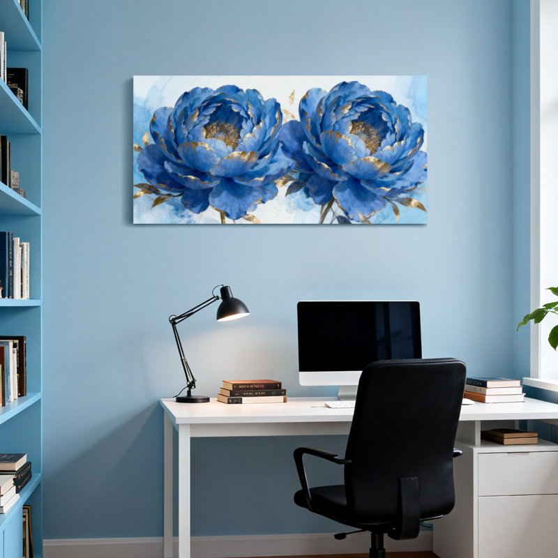 Plantes et fleurs, pivoines bleues avec accents dorés, art sur toile, H 20 po x l 40 po