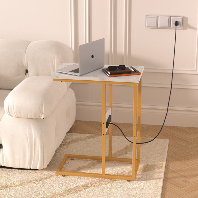 C End Table With USB, White Top/Gold Base