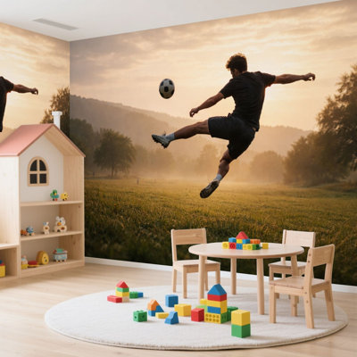 Peel and Stick Wallpaper 144" L x 100" W Modern Self Adhesive Wall Mural for Bedroom - With Silhouette Boy Kicking Soccer Ball Open Field Hills Sunset Sky Print