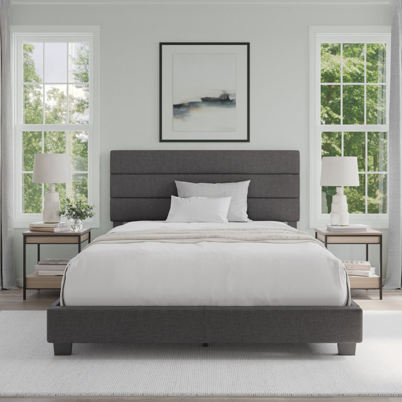 Sicily Gray Upholstered Linen Queen Platform Bed with Headboard