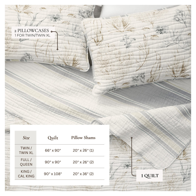 Grey / Taupe Coral Reversible Coastal Quilt Set with Shams, Twin/Twin XL Quilt + 1 Sham