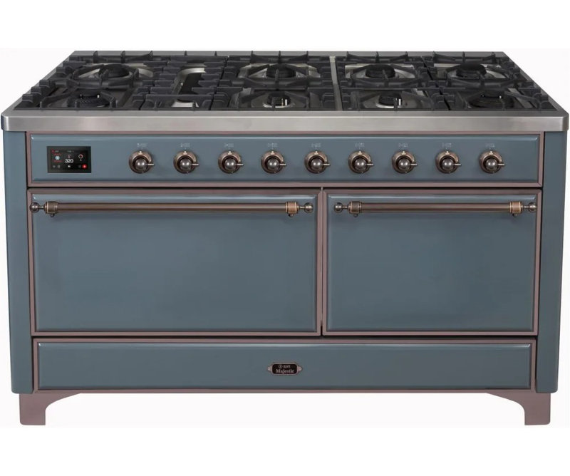 ILVE UM15FDQNS3BKCLP Majestic II 60 inch Dual Fuel Range with 9 Burners, Griddle (Liquid Propane, Solid Door, Glossy Black, Chrome)